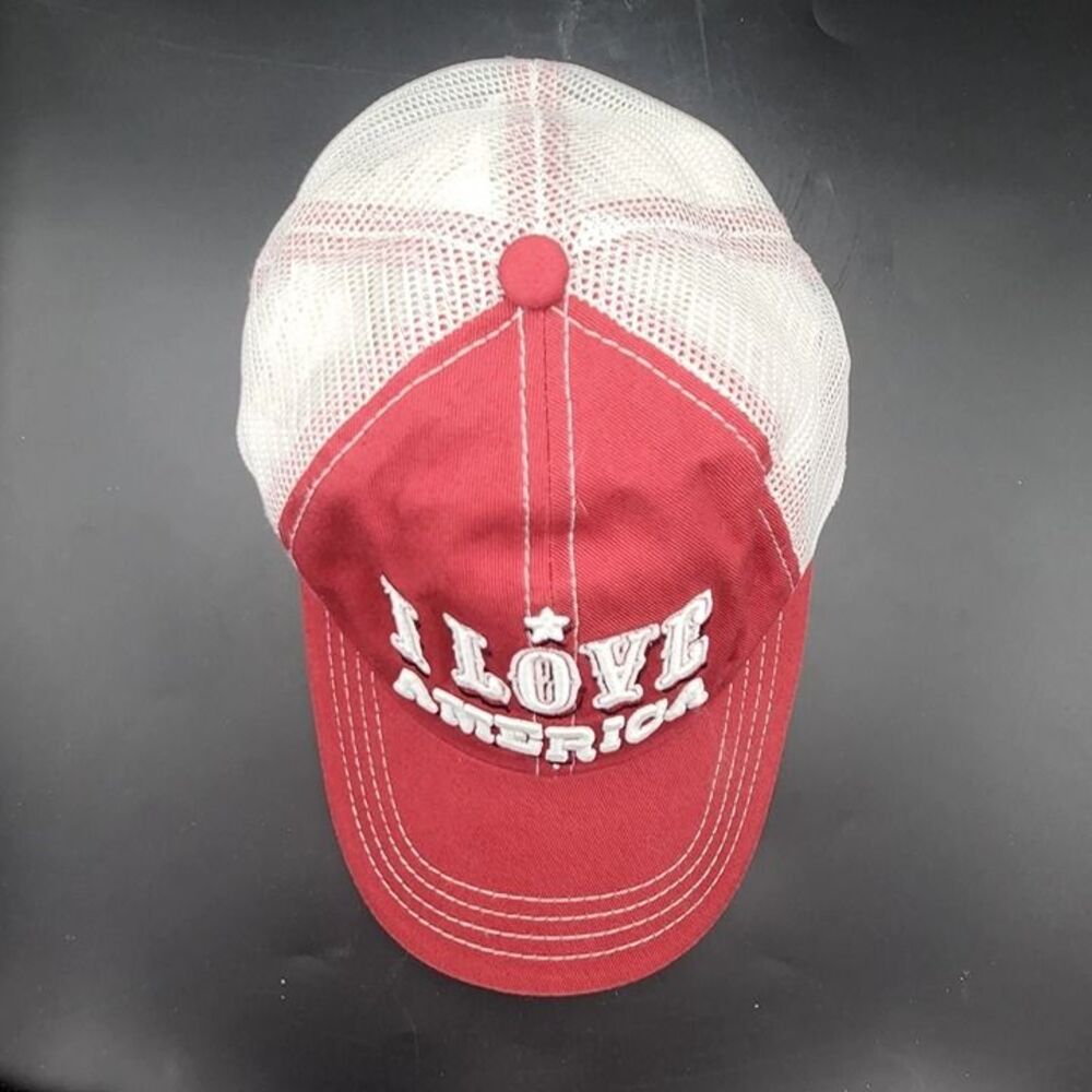 Shyanne I Love America Hat USA Cap Adjustable Garnet Red White Mesh Distressed - Picture 7 of 8